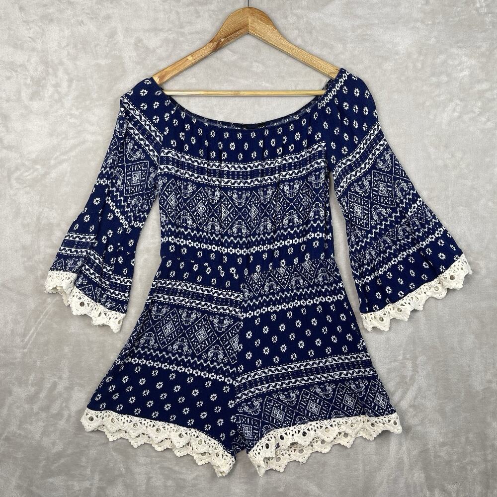 See You Monday Off Shoulder Romper Size Medium Crochet Boho Cottagecore Festival